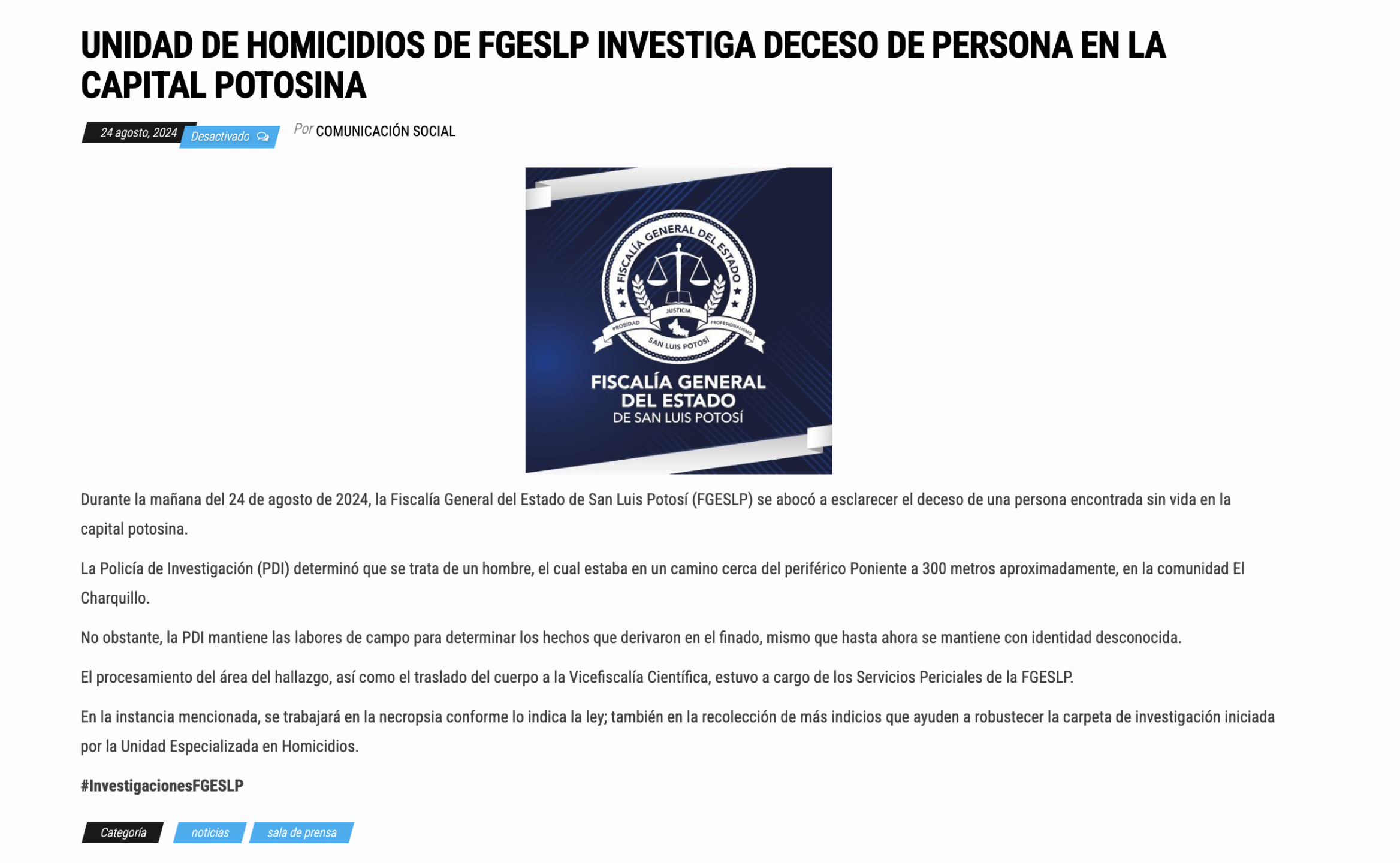 Comunicado Fiscalía General del Estado de San Luis Potosí