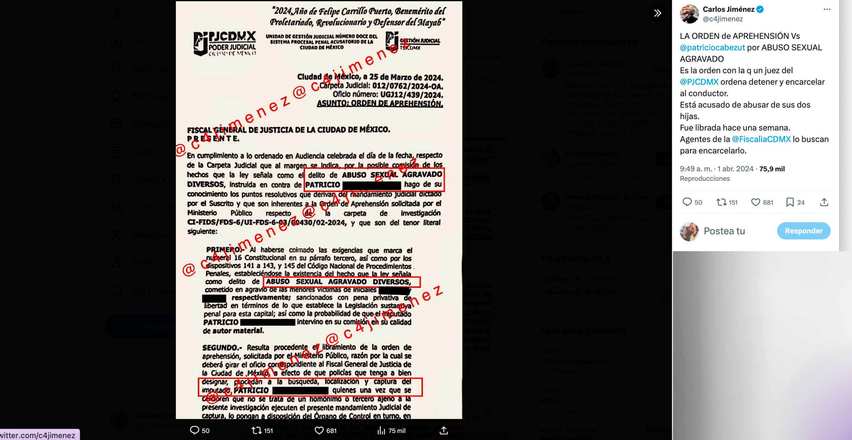 Está la orden de aprehesión en contra de Patricio 'N'