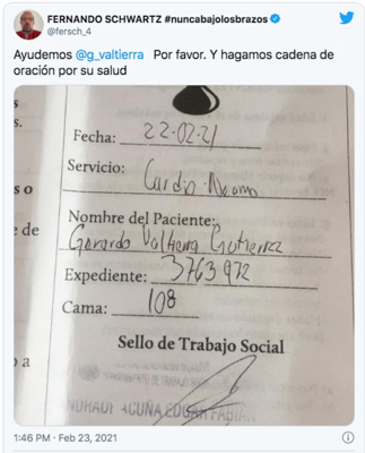 Fernando Schwartz solicitó donadores de sangre para su amigo