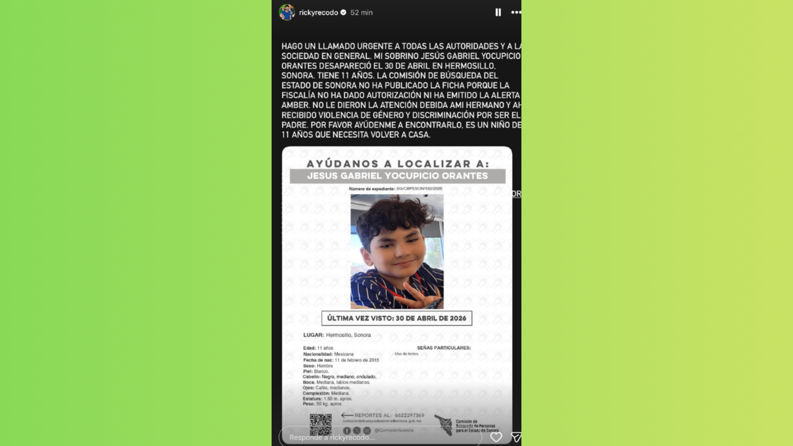 Ricky Yocupicio pide ayuda para encontrar a su sobrino