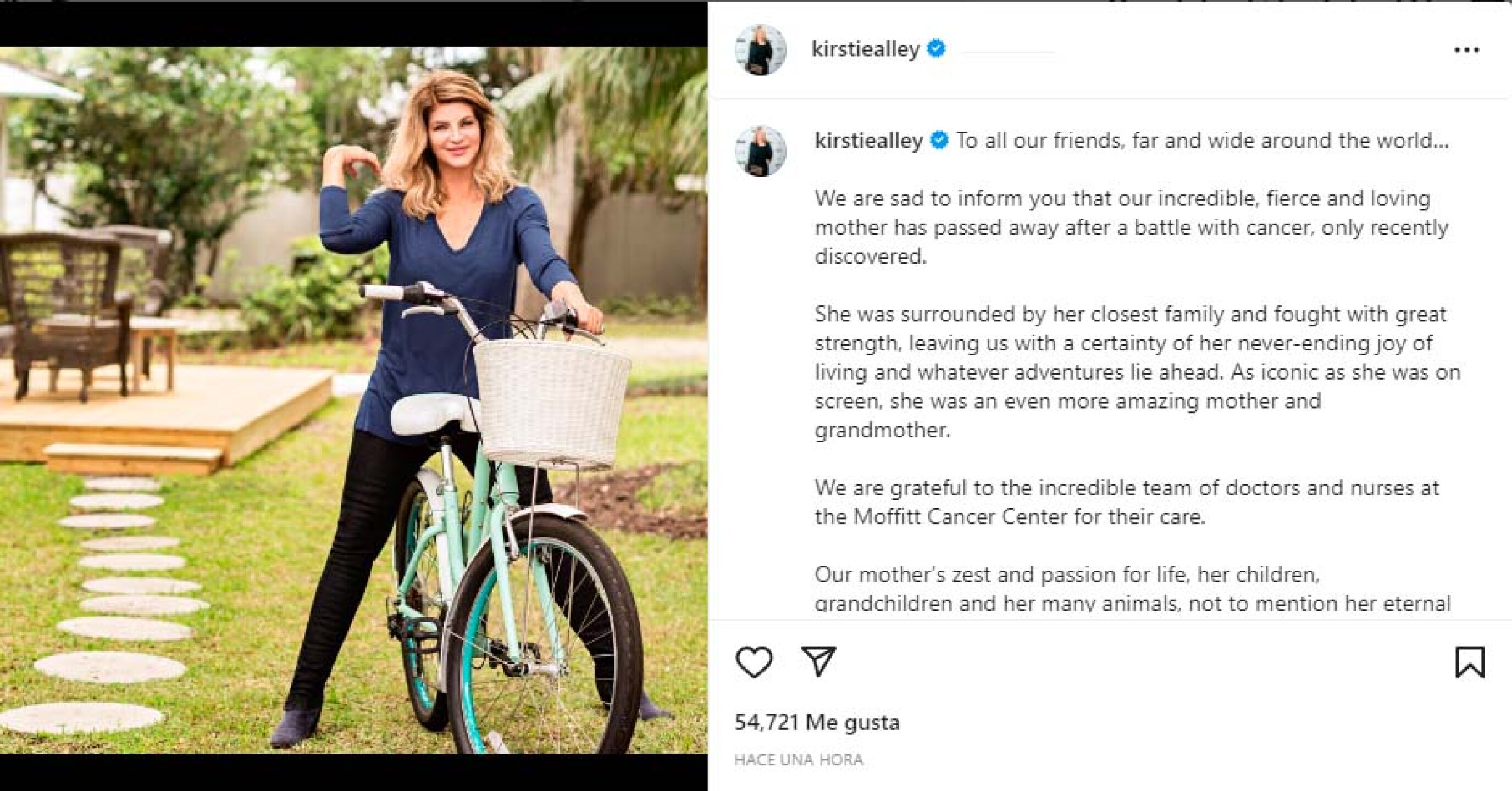 La noticia del fallecimiento de Kirstie Alley la dieron a conocer sus hijos