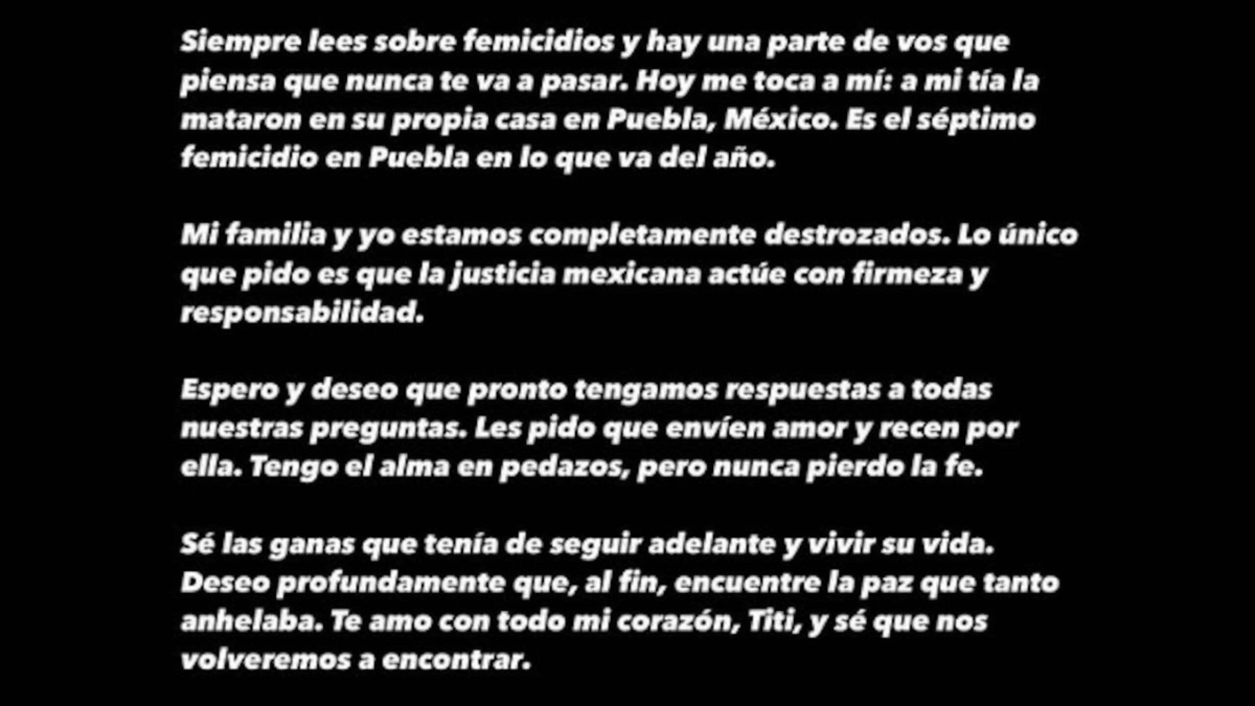 Comunicado Valentina Zenere feminicidio tía Puebla