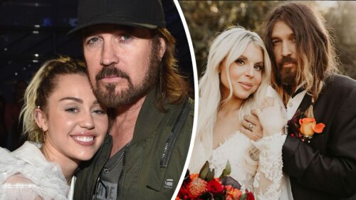 Miley Cyrus con su papá; Billy Ray en su boda con Firerose