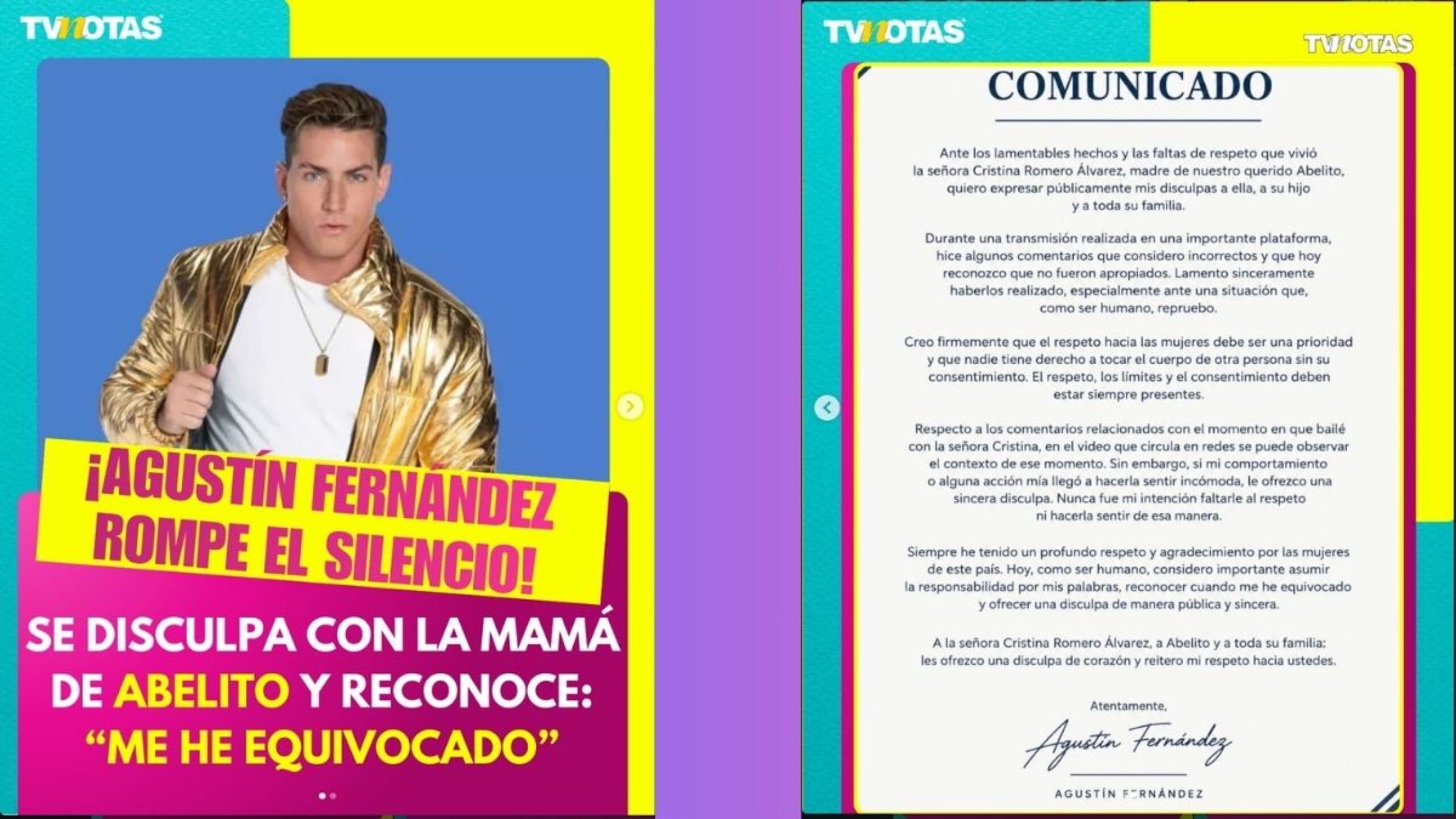 Agustín emitió un comunicado ofreciendo disculpas