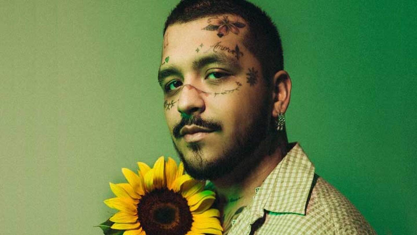 Nodal serio tatuajes en la cara con girasol en las manos y fondo verde