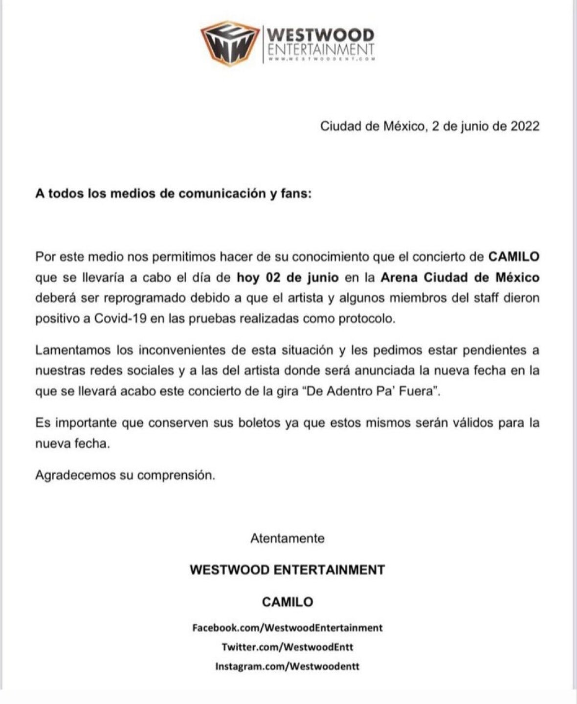 Camilo da positivo a Covid-19