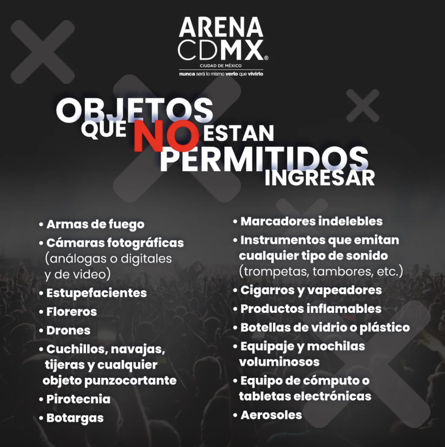 Objetos no permitidos en la Arena CDMX