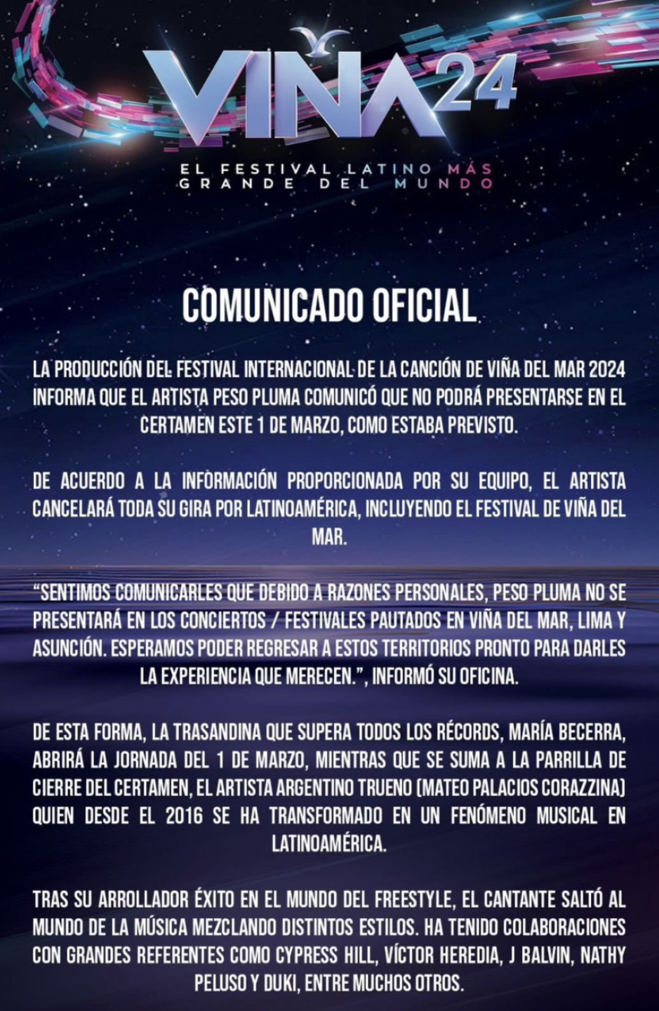 Comunicado de Peso Pluma en Viña del mar