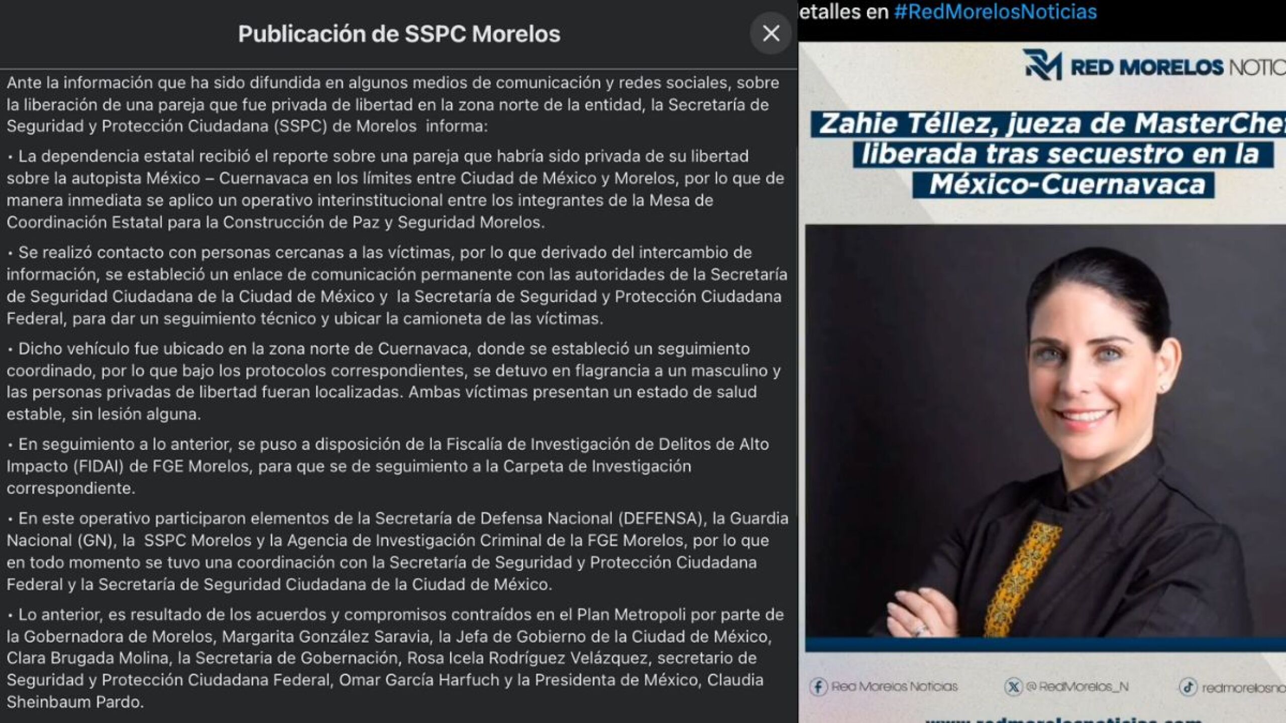 Secuestran a Zahie Téllez. Comunicado de prensa. Foto : SSPC Morelos