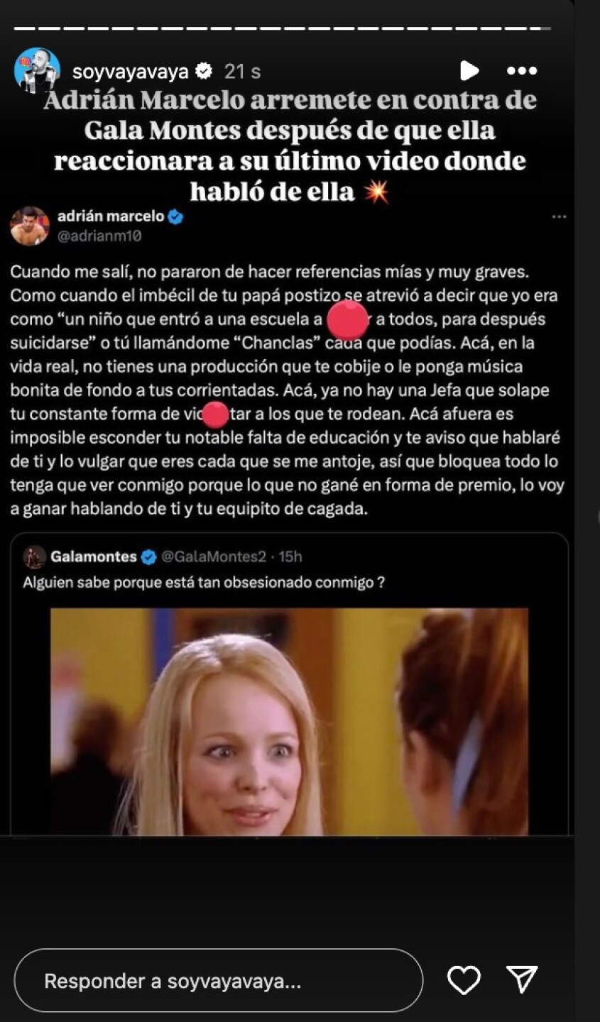 Adrián Marcelo arremete contra Gala Montes tras reaccionar a su último video “hablaré de ti y de lo vulgar que eres”