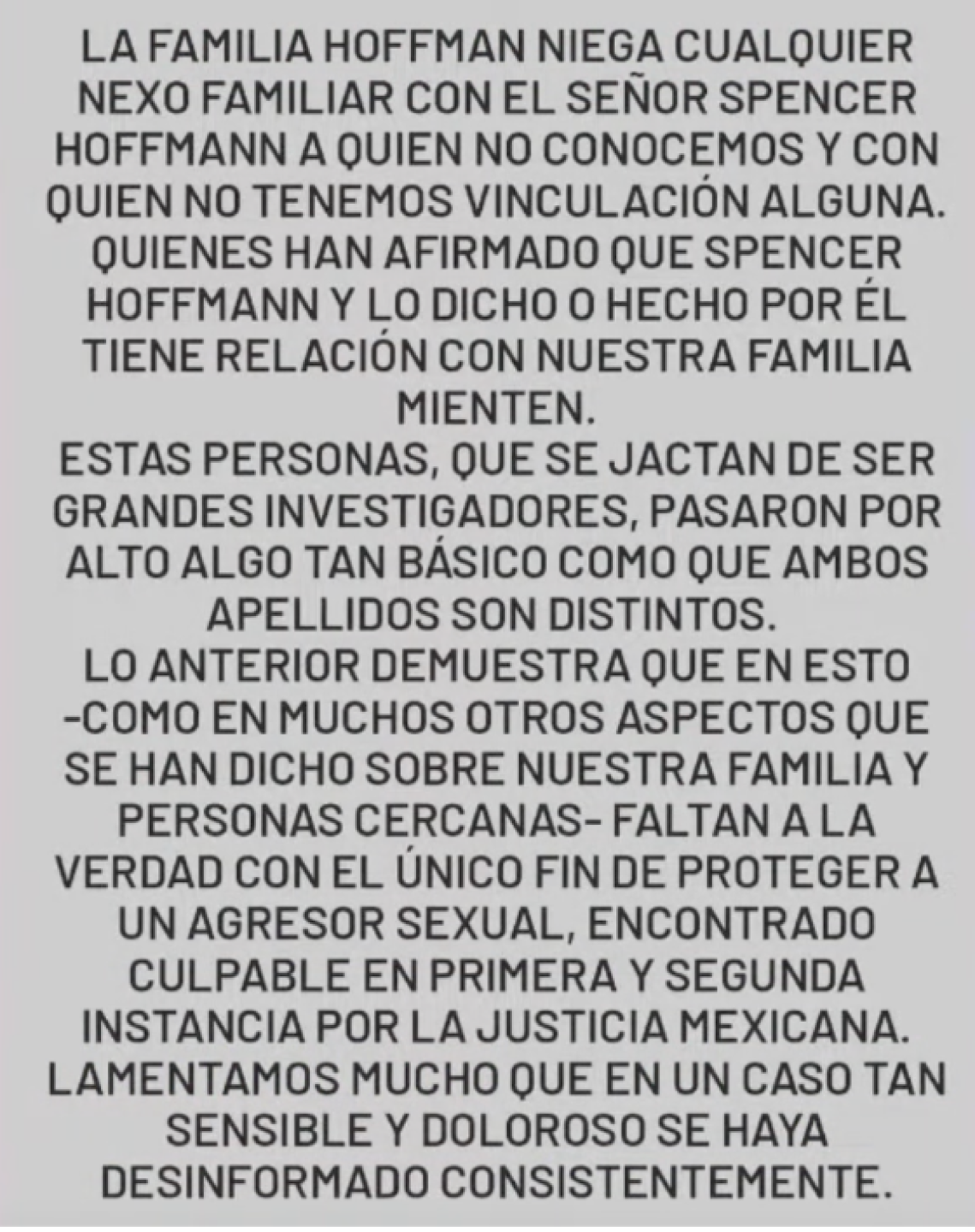Comunicado de Ginny Hoffman desconociendo a Spencer Hoffman