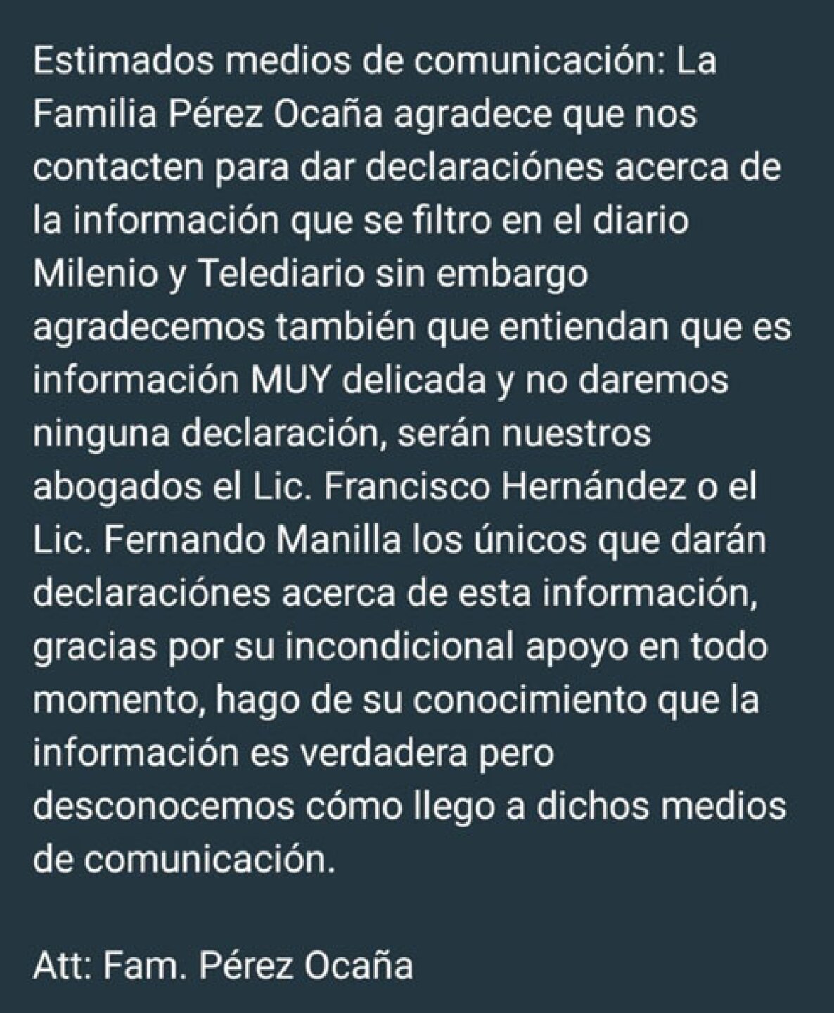 Comunicado de la familia Ocaña sobre peritaje independiente del actor