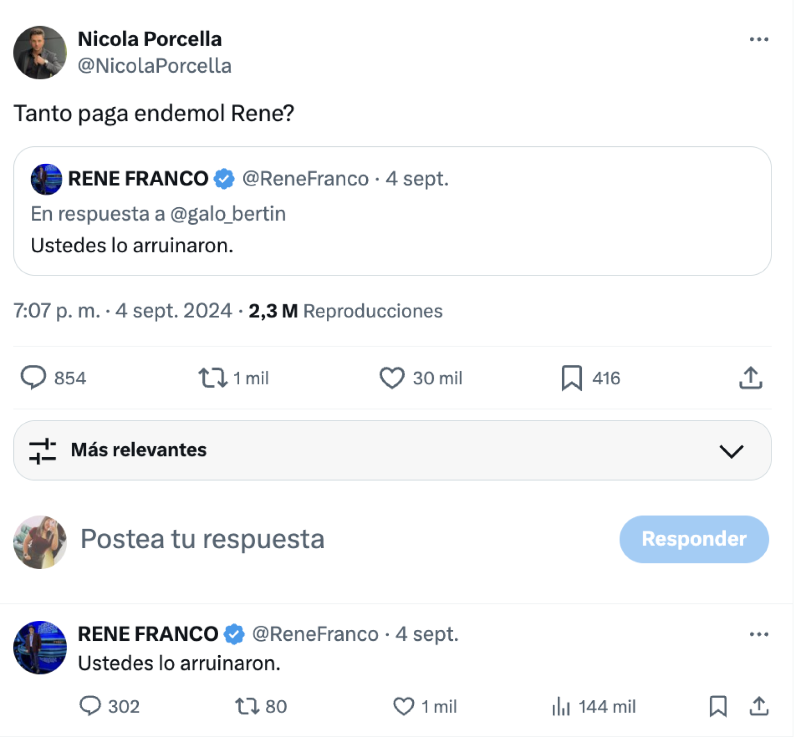 René Franco y Nicola Porcella comentarios en X
