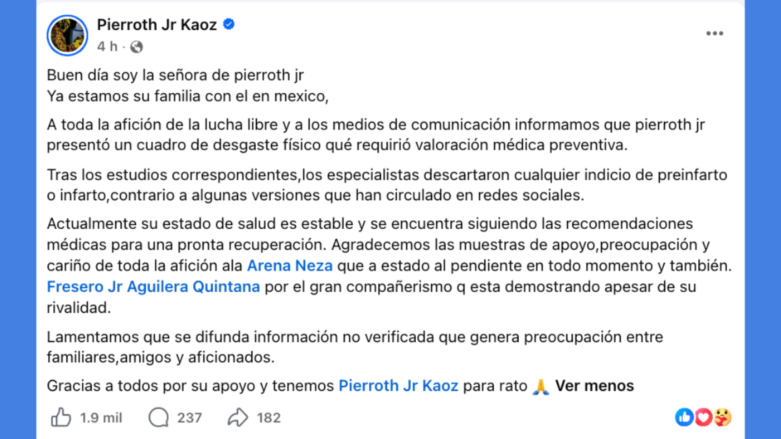 Comunicado de la familia de Pierroth Jr.