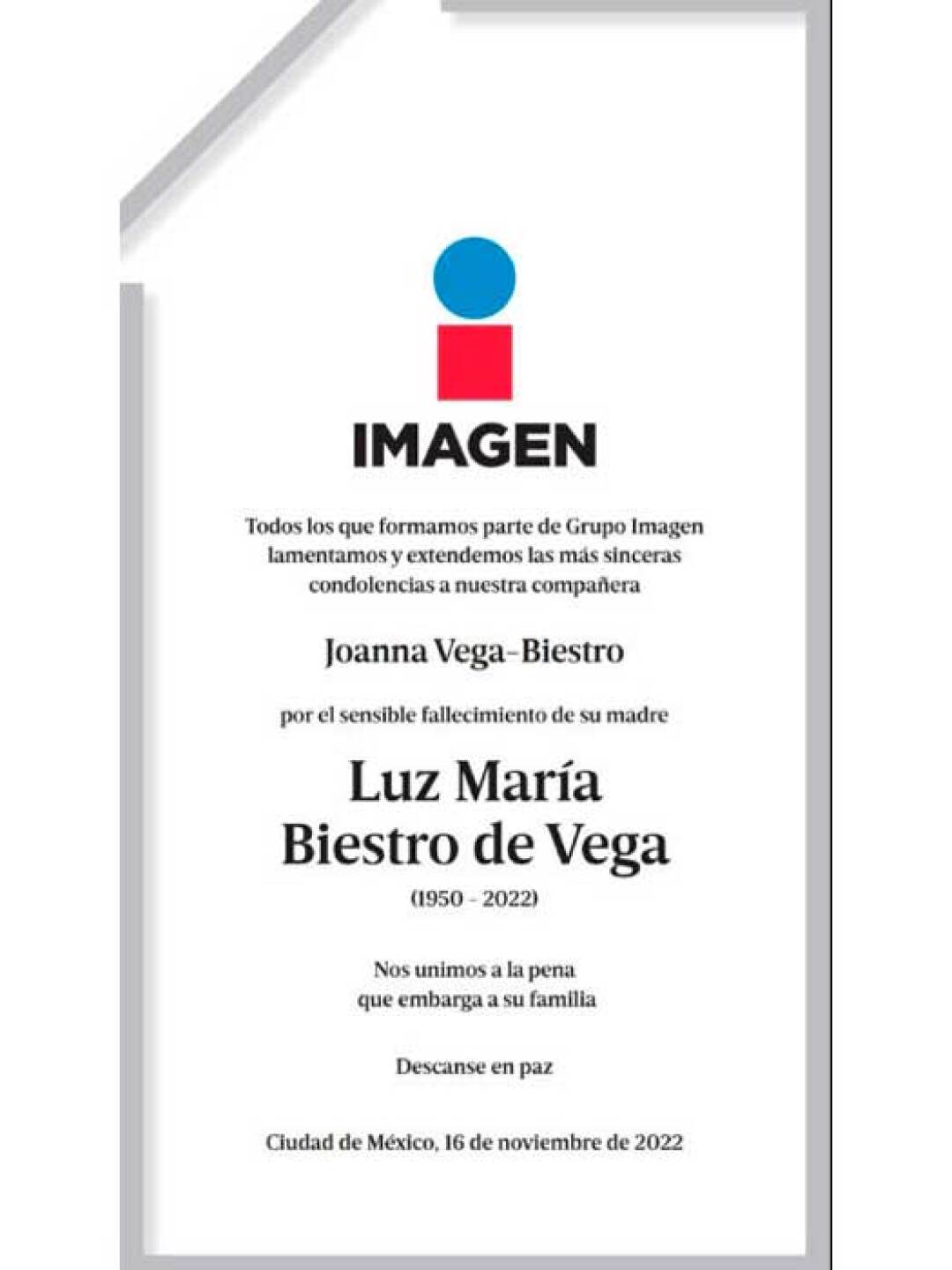Fallece Luz María Biestro de Vega, madre de Joanna Vega-Biestro
