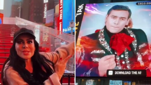 Maribel Guardia y su hijo Julián Figueroa en pantallas del Time Square