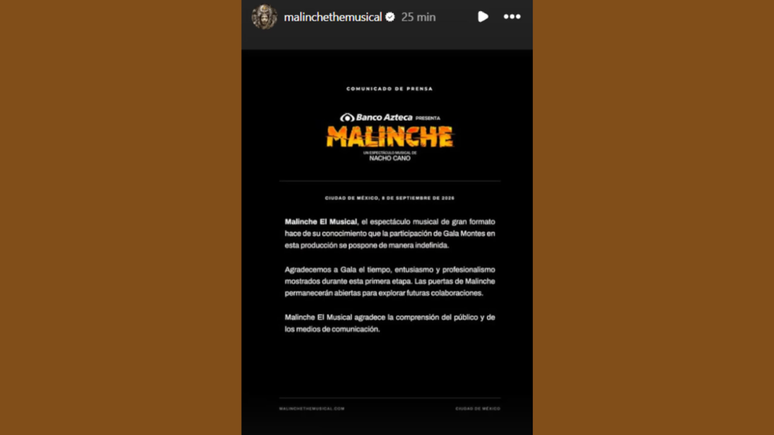 Malinche, el musical, anuncia salida de Gala Montes