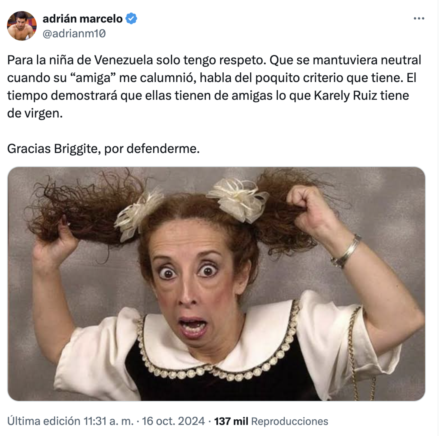 Adrián Marcelo le dedica un mensaje a Briggitte Bozzo