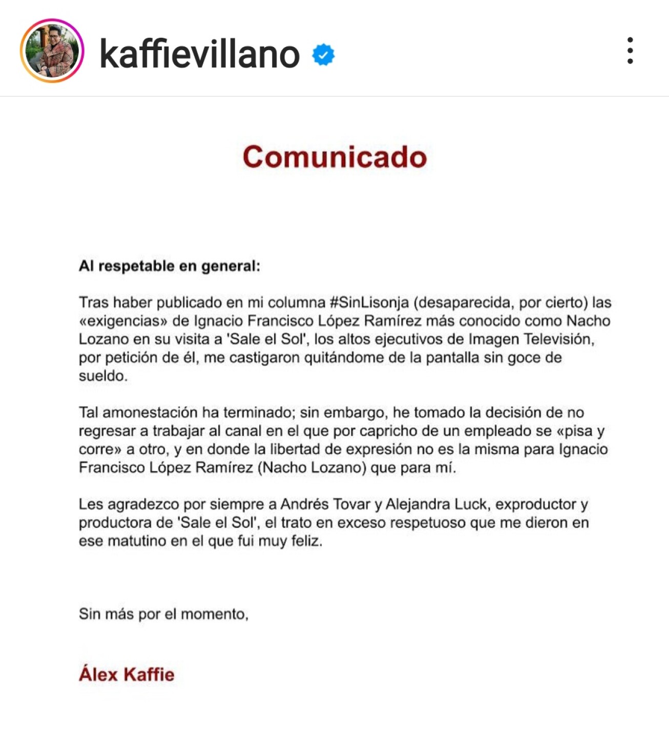 Alex Kaffie comunicdo sobre su salida