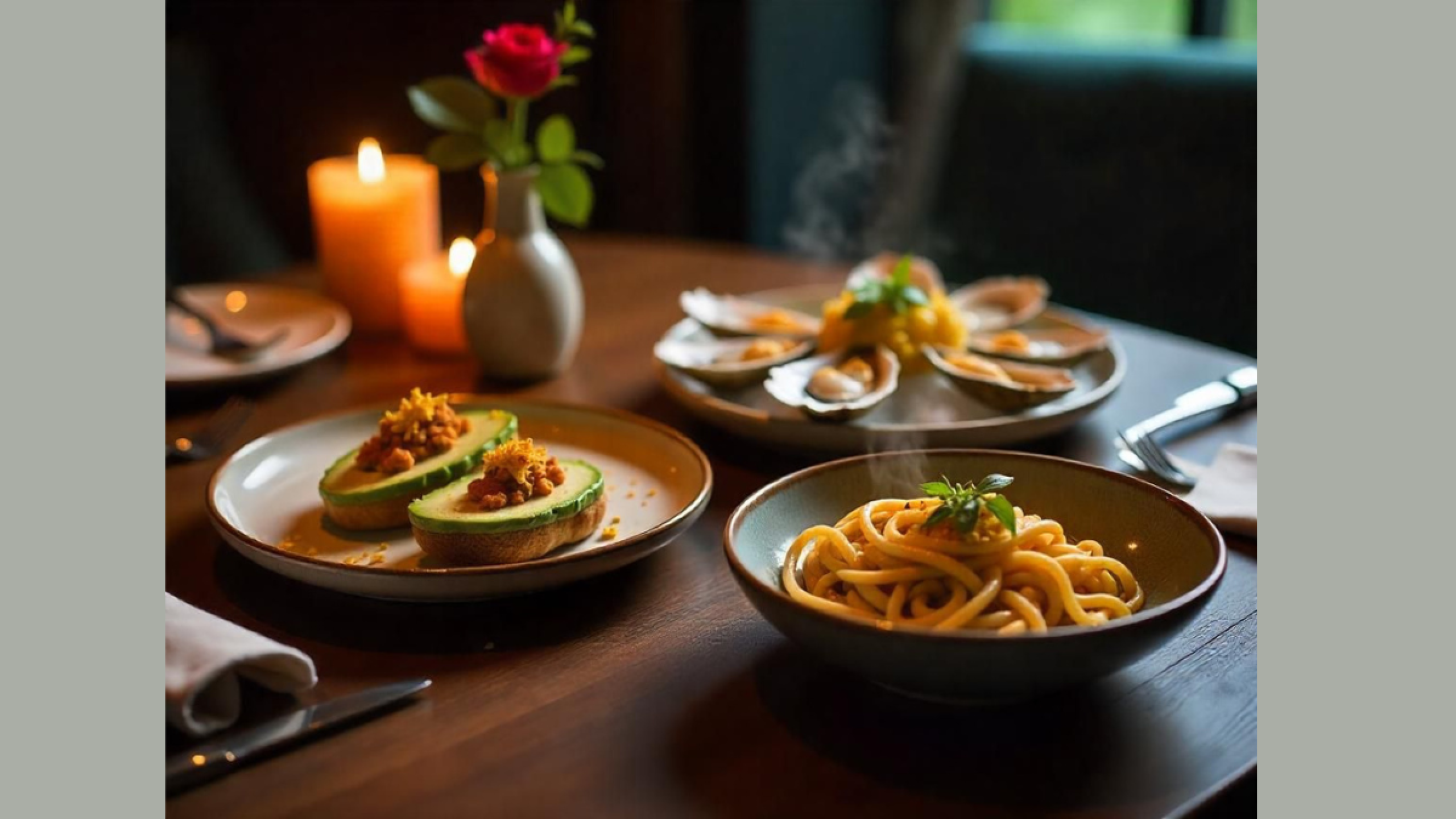 Cena de aguacate, pasta y ostiones