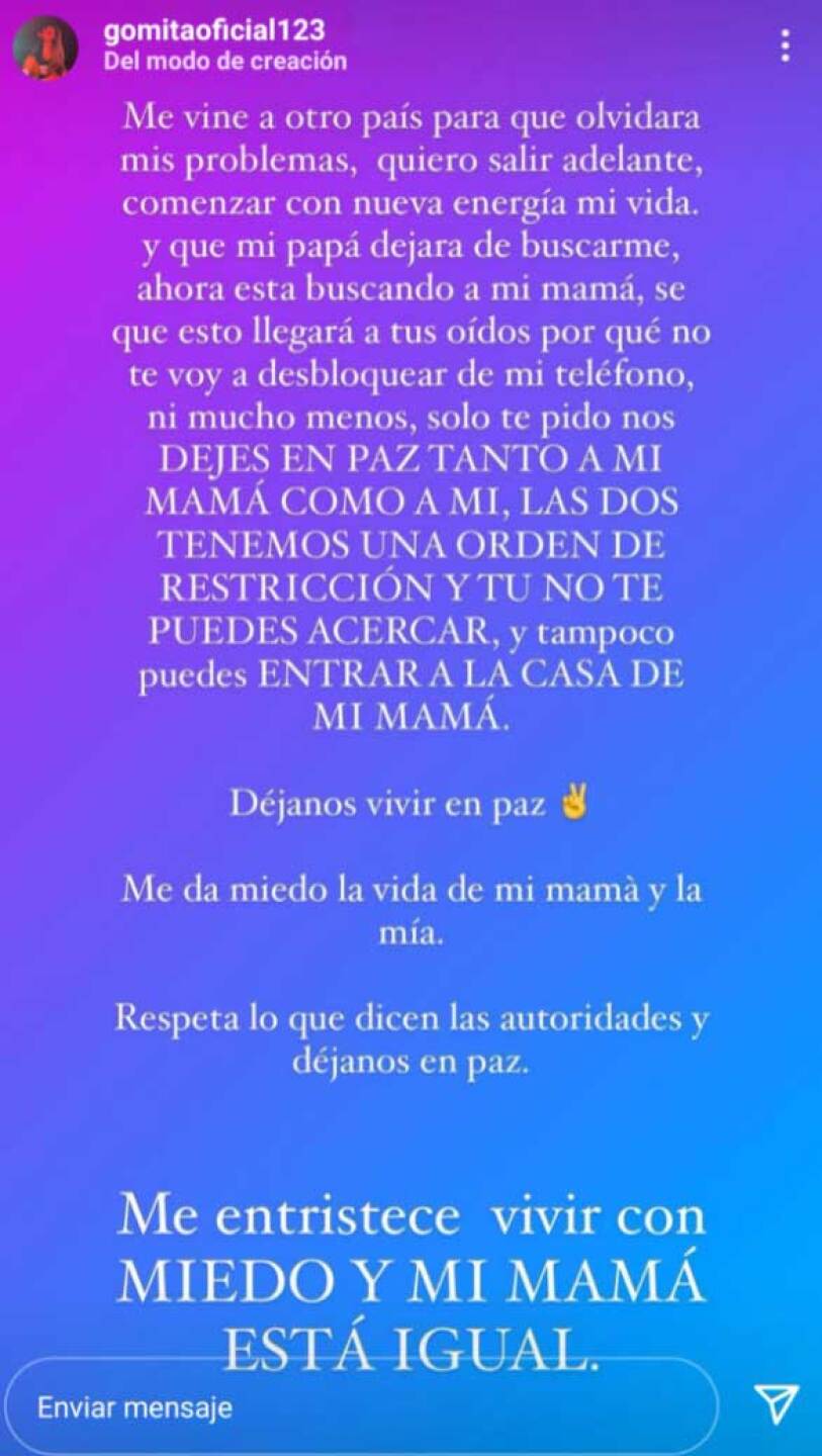 Gomita le pide a su papá que respete la orden de restricción en su contra