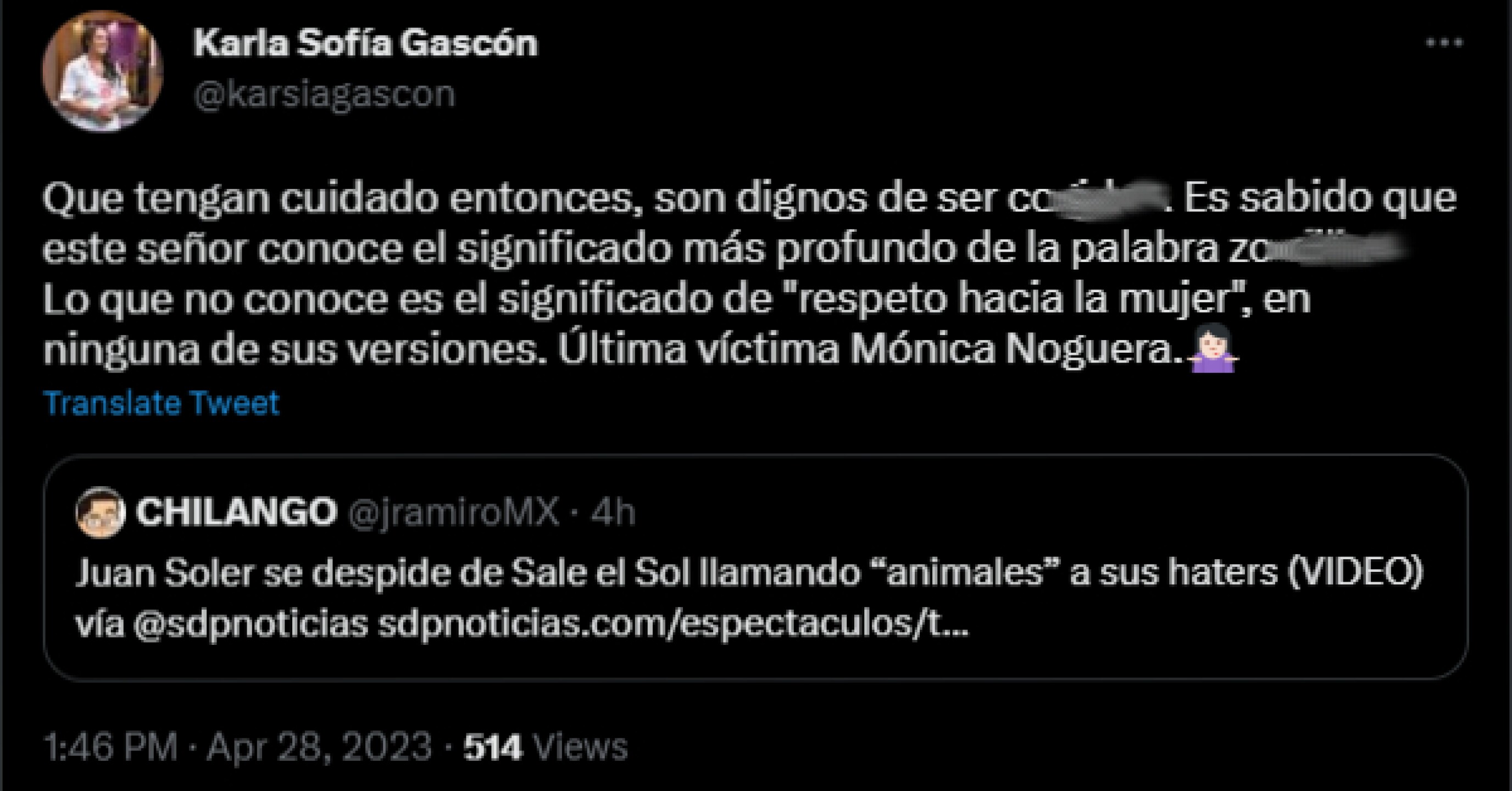 Karla Sofía Gascón mensaje contra Juan Soler