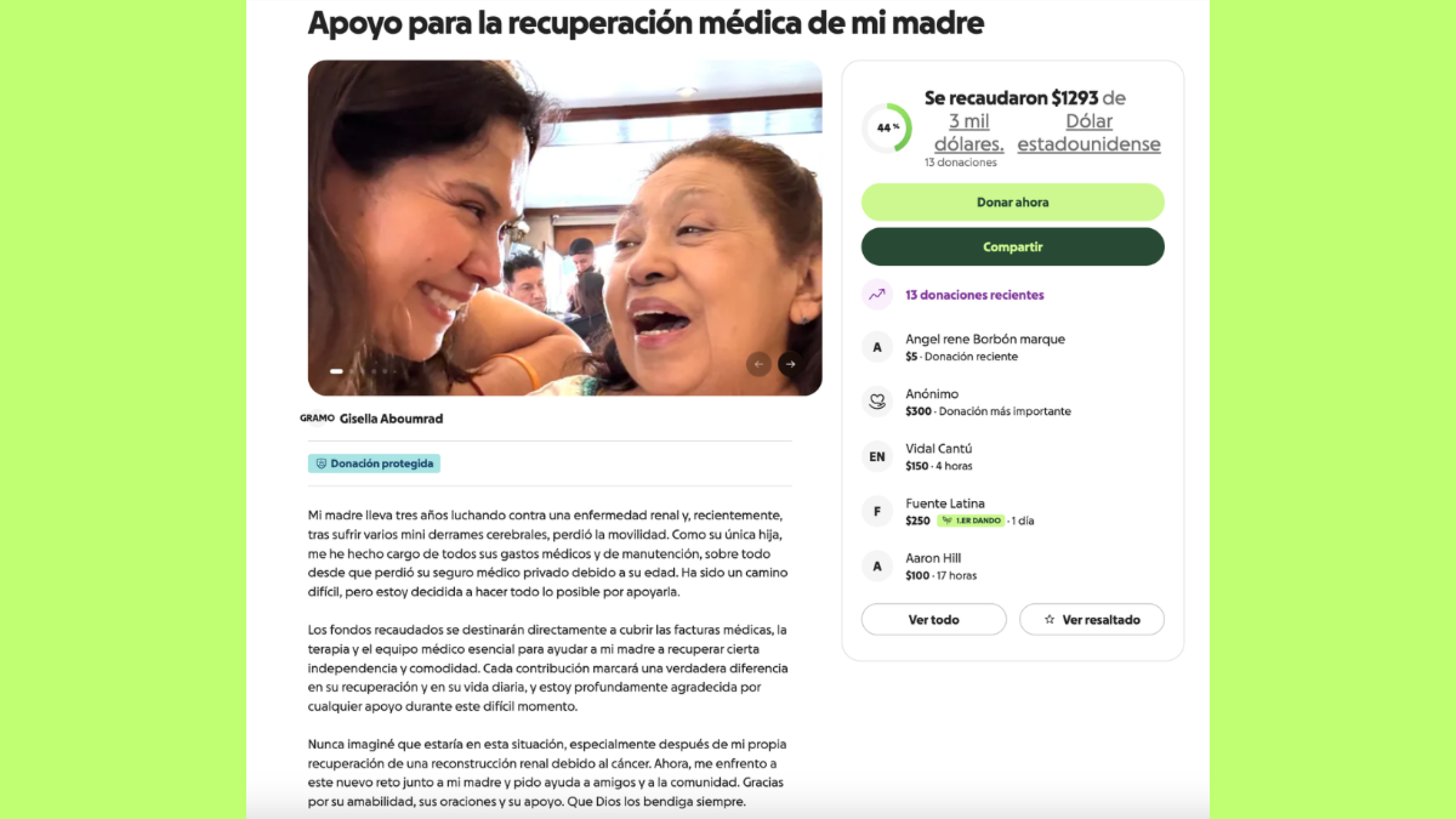Gisella Aboumrad pide donaciones para su madre