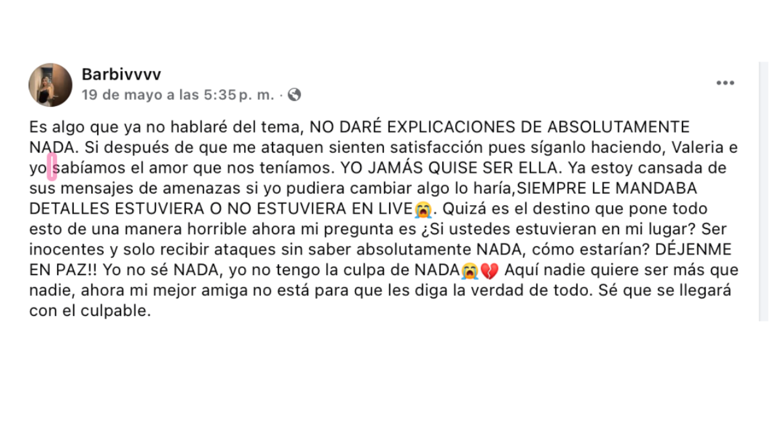 Vivian amiga de Valeria denuncia amenazas y difamación